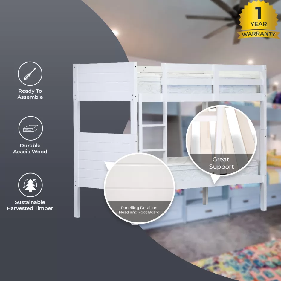 Best Sale Baby Direct Zinnia Single Bunk Bed Frame Solid Rubber Timber Wood Loft Furniture - White