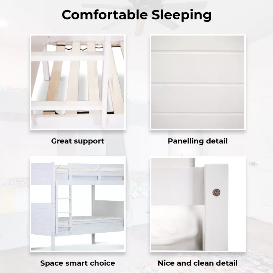 Best Sale Baby Direct Zinnia Single Bunk Bed Frame Solid Rubber Timber Wood Loft Furniture - White