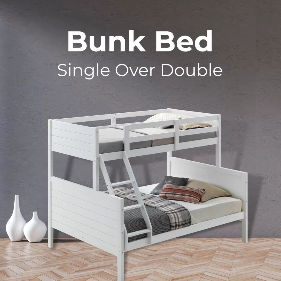 Discount Baby Direct Zinnia Single Double Bunk Bed Frame Rubber Timber Wood Loft Furniture - White